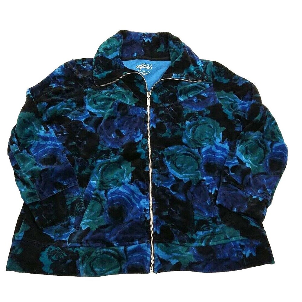 Style & Co Jacket PL Women's Green-Blue Velour FullZip Collared Sport LongSleeve
